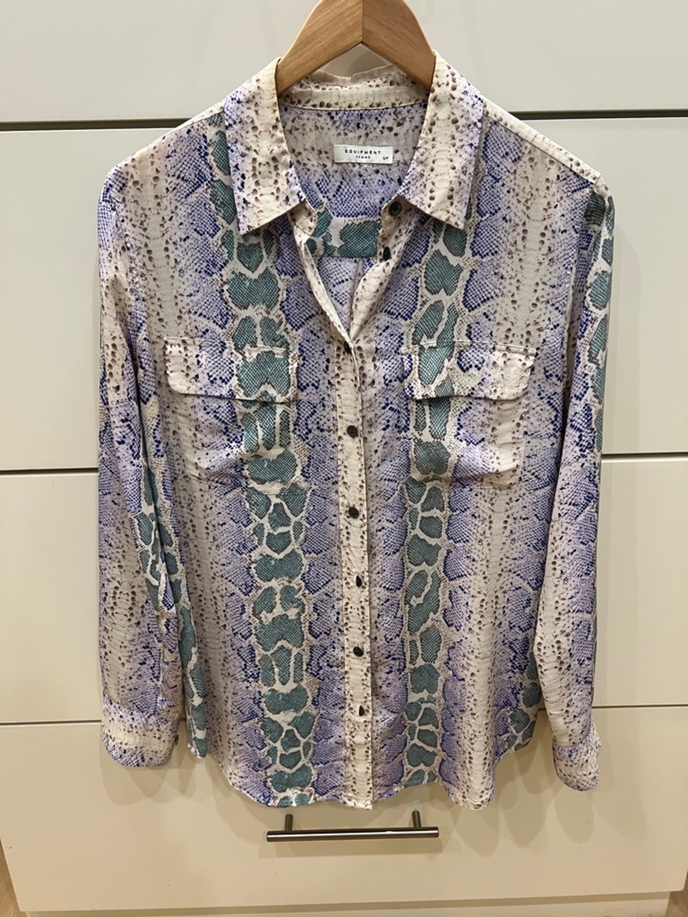 Equipment Snake-Print Button Down in Cream, Teal, Navy & Tan